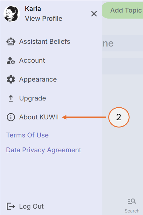 screenshot showing how to select About KUWII from the menu