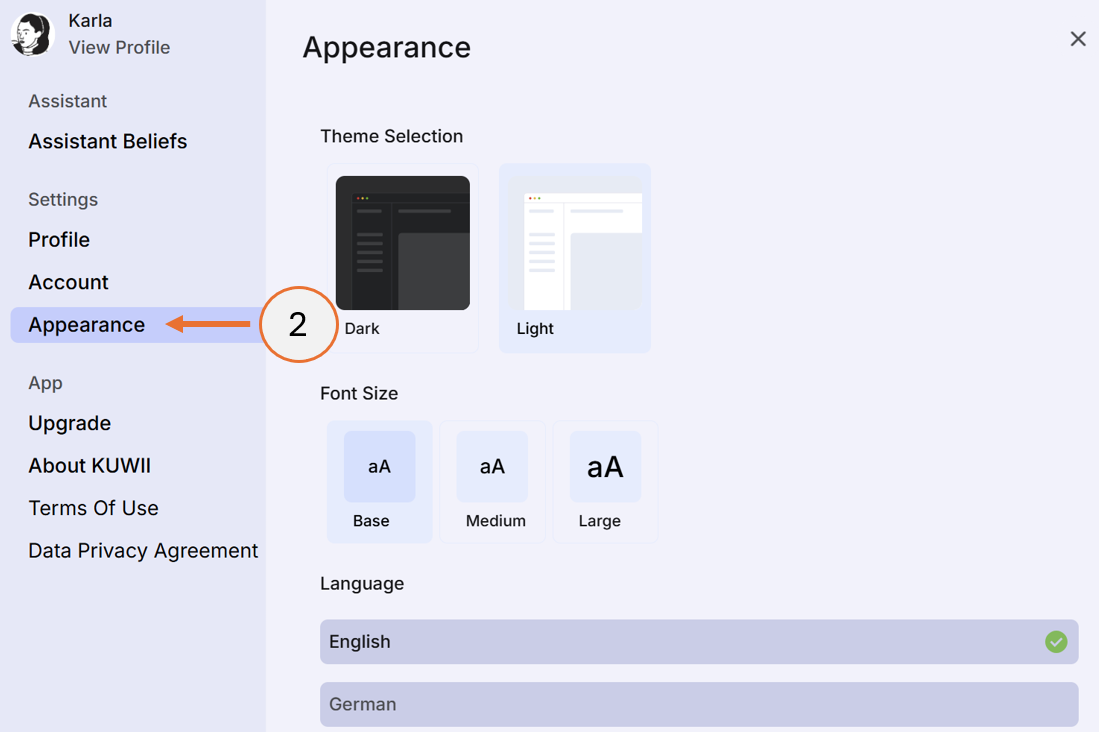 screenshot showing how to select Appearance from the menu