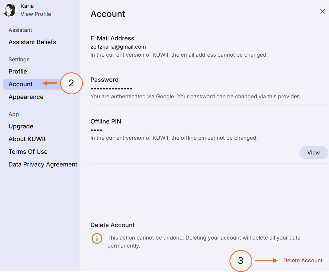 screenshot showing steps 2 and 3 of the account deletion process