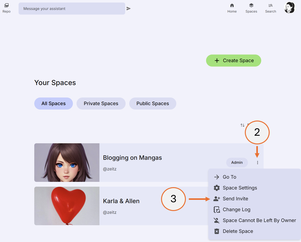 screenshot showing steps 2 and 3 of how to send a space invite
