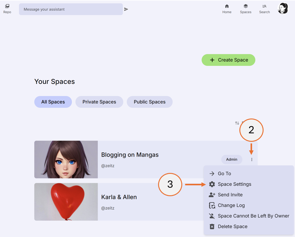 screenshot showing how to open the space settings