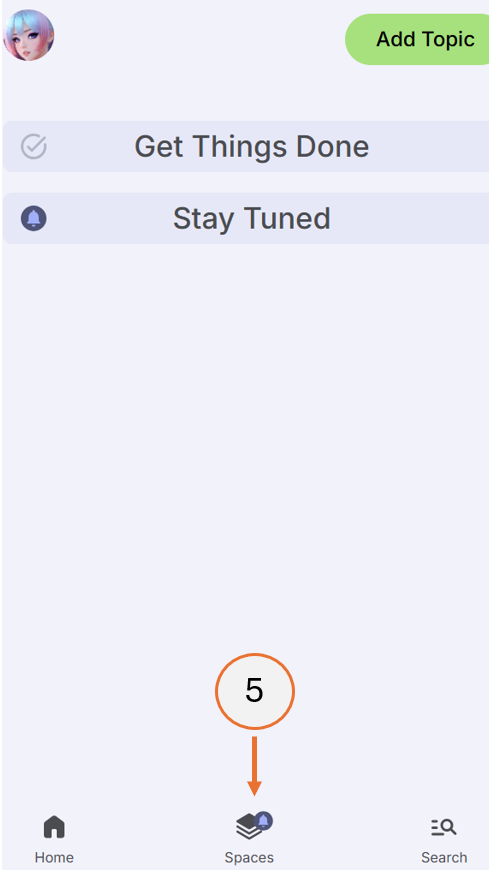 screenshot showing spaces button with bell