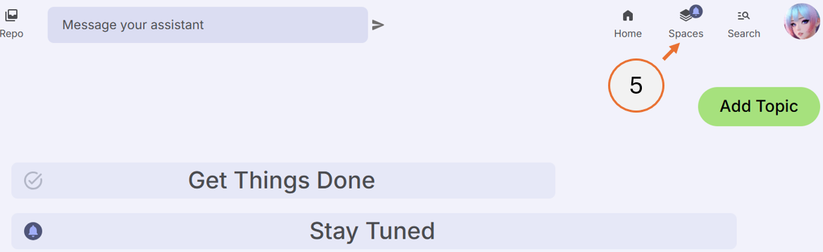 screenshot showing spaces button with bell