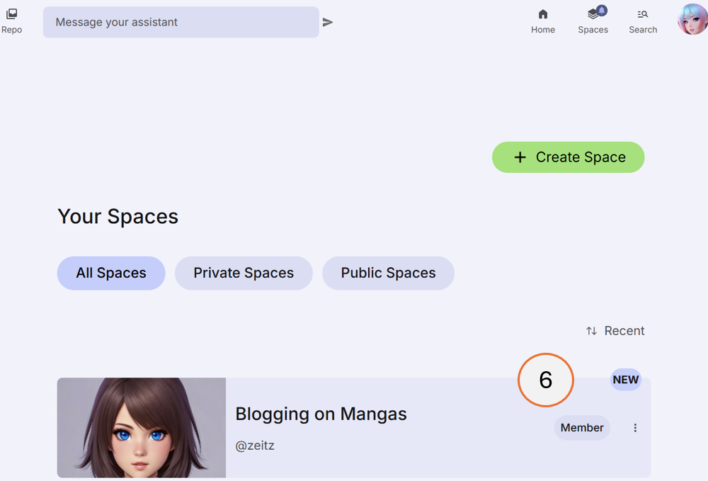 screenshot showing new space in the list