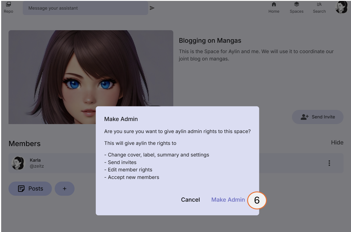 screenshot showing how to confirm the promotion of a member to an Admin