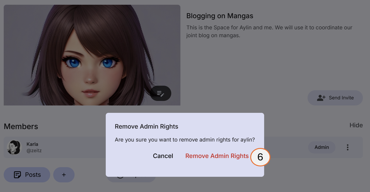 screenshot showing how to confirm the demotion of an Admin to a member