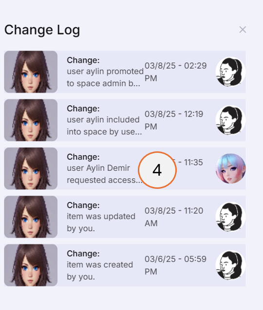 screenshot showing the change log of the space