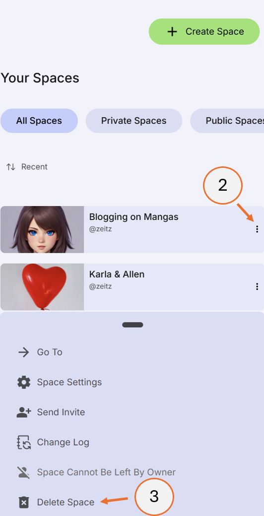 screenshot showing steps 2 and 3 of how to delete a space