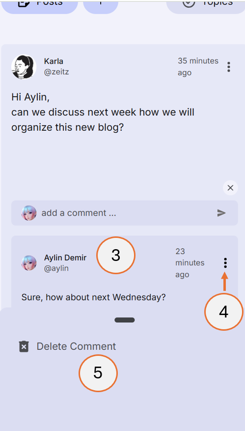 screenshot showing steps 3, 4 and 5 of how to delete a comment