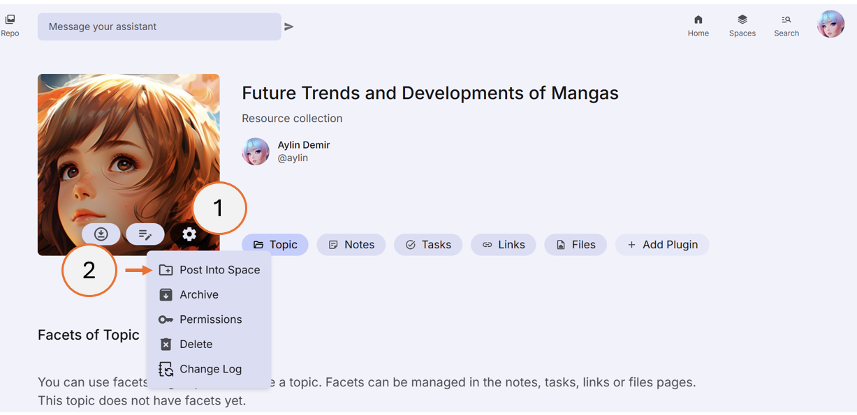 screenshot showing steps 1 and 2 of how to post a topic into a space