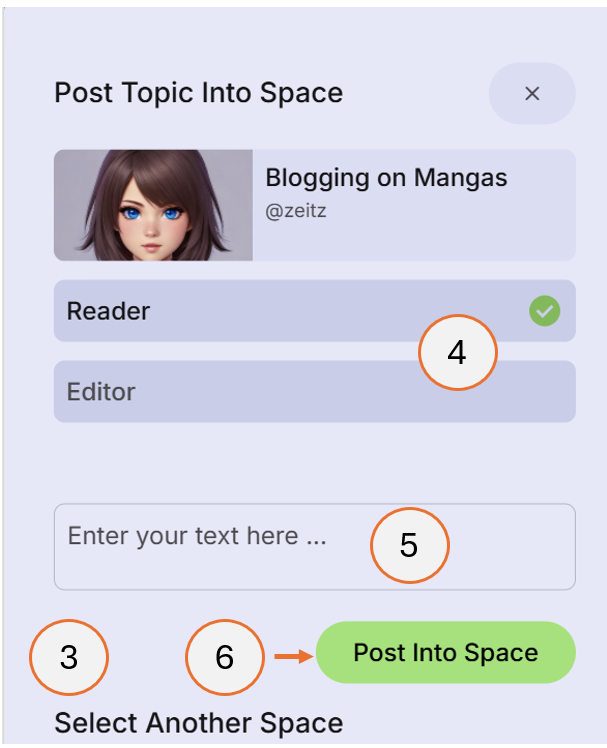 screenshot showing steps 3 to 6 of how to post a topic into a space