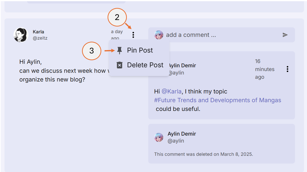 screenshot showing how to pin a post
