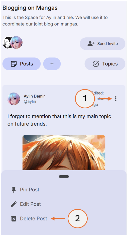screenshot showing steps 1 and 2 of how to delete a post