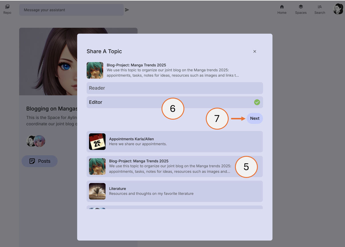 screenshot showing steps 5, 6, 7 of how to post a topic