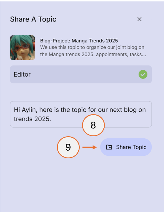 screenshot showing steps 8 and 9 of how to post a topic