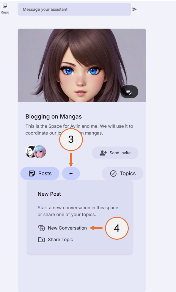 screenshot showing steps 3 and 4 of how to start a conversation