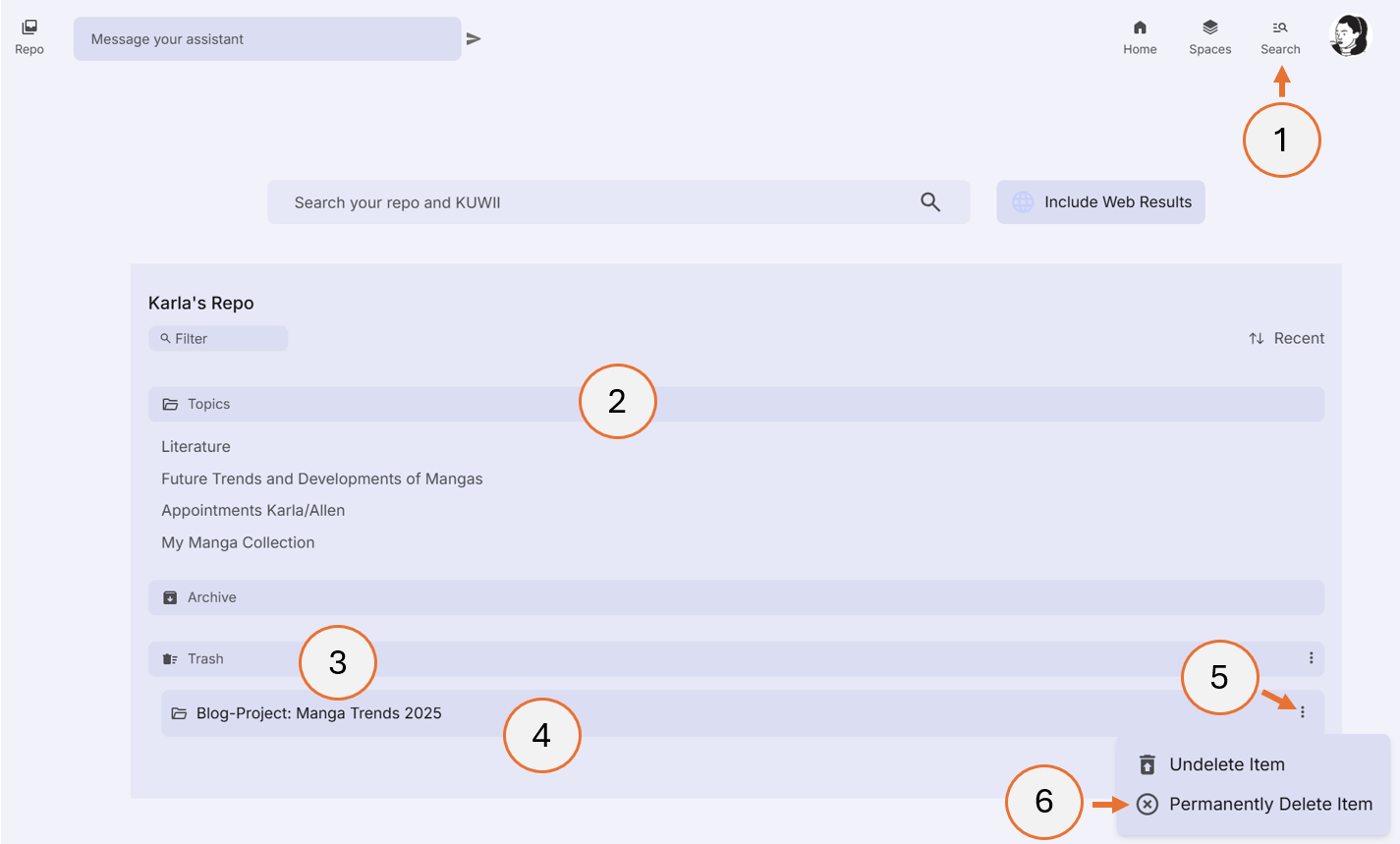 screenshot showing how to permanently delete a topic