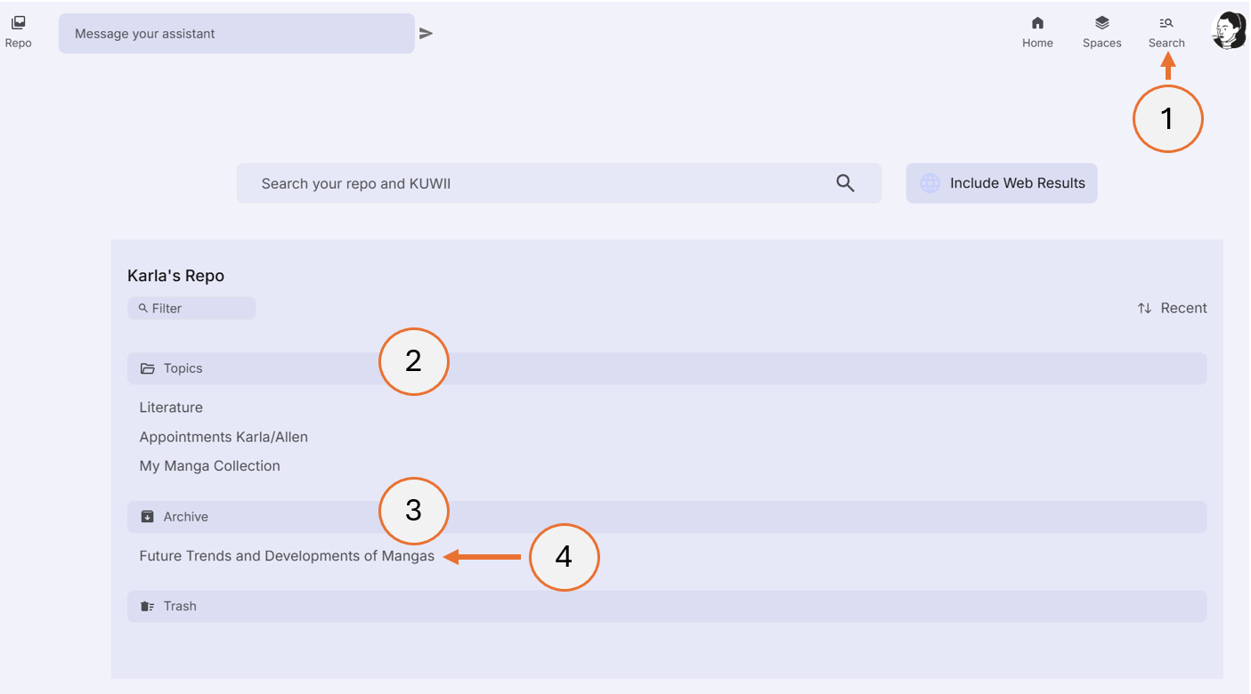screenshot showing how to open an archived topic from the repo