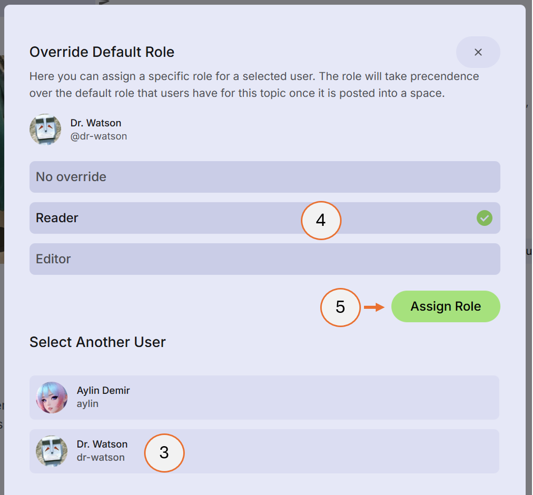 screenshot showing steps 3, 4 and 5 of how to set overriding permissions