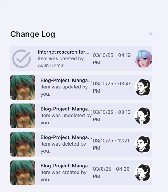 screenshot showing the topic change log