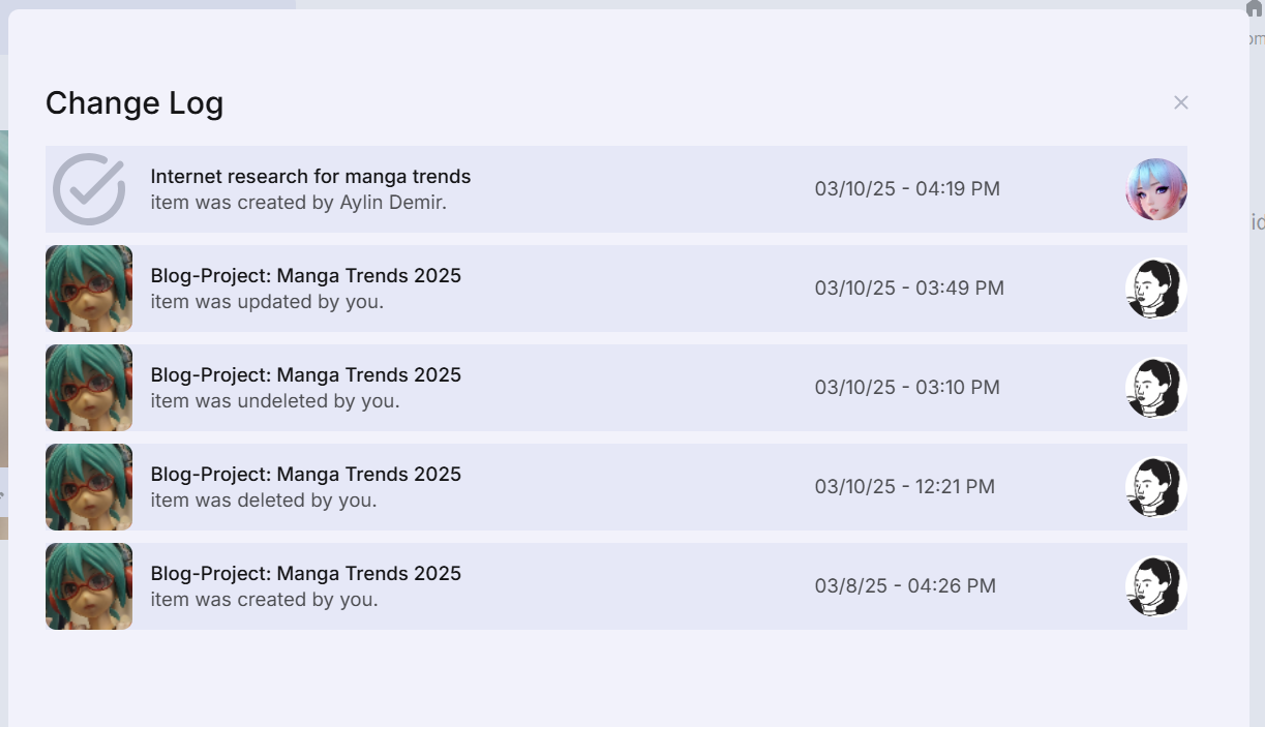 screenshot showing the topic change log