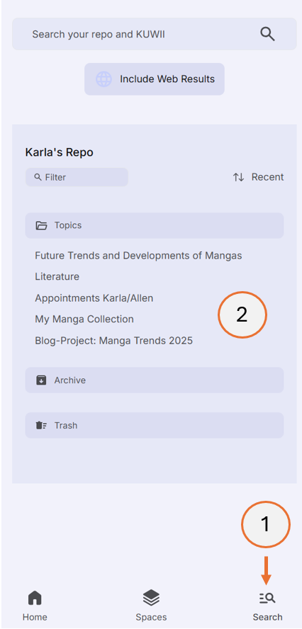 screenshot showing how to select a topic from the repo and how to collapse the repo