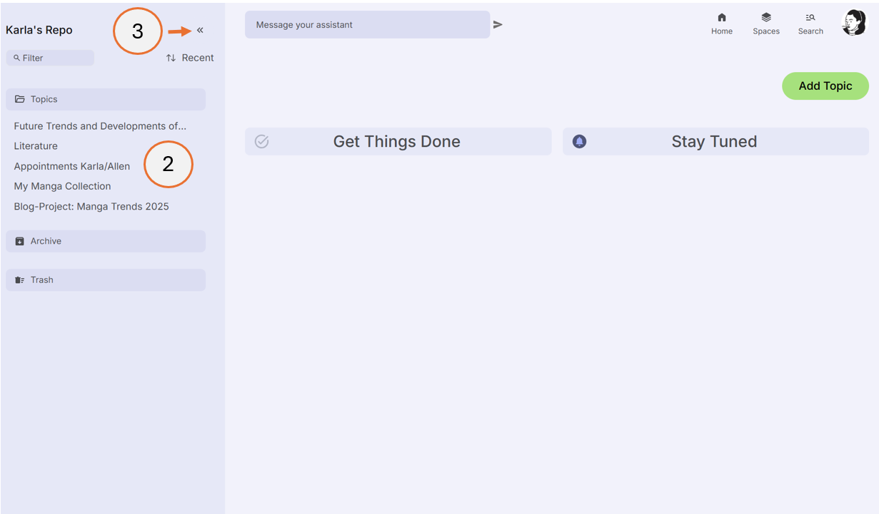 screenshot showing how to select a topic from the repo and how to collapse the repo